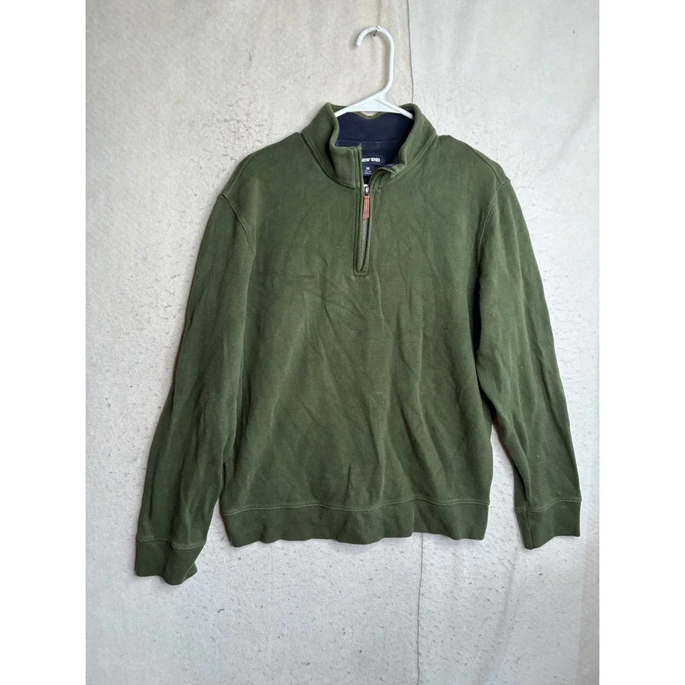 Lands End Mens Quarter Zip Pullover Sweater Olive Green Cotton 447688 Size M